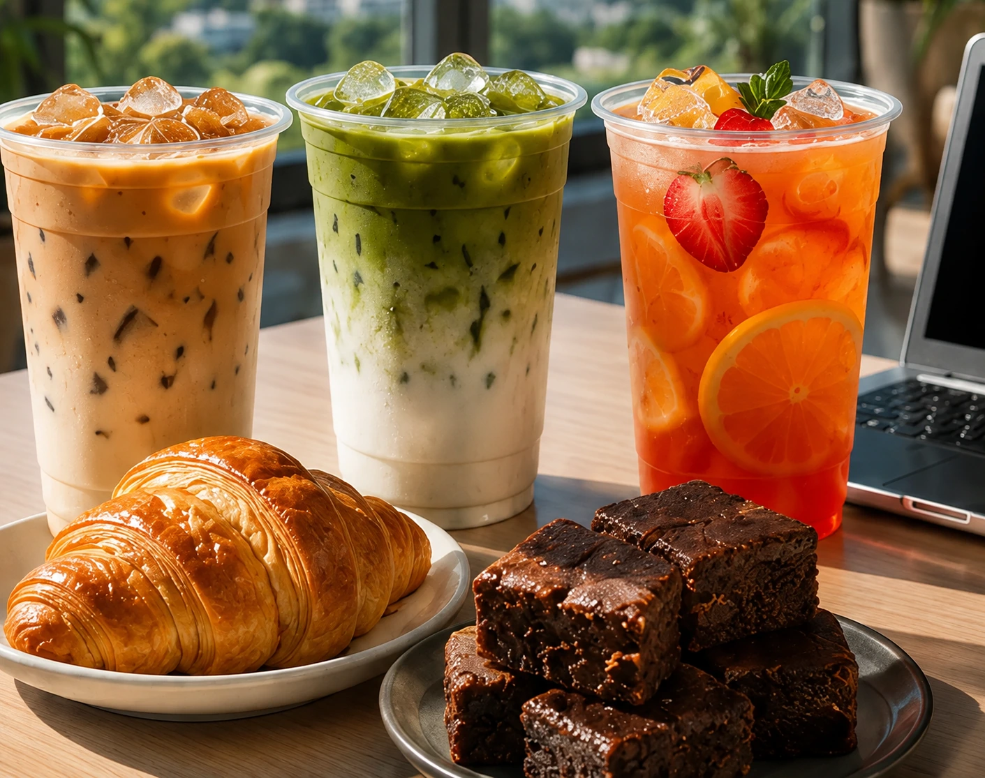 Es kopi, matcha dan teh buah bersama croissant dan brownies
